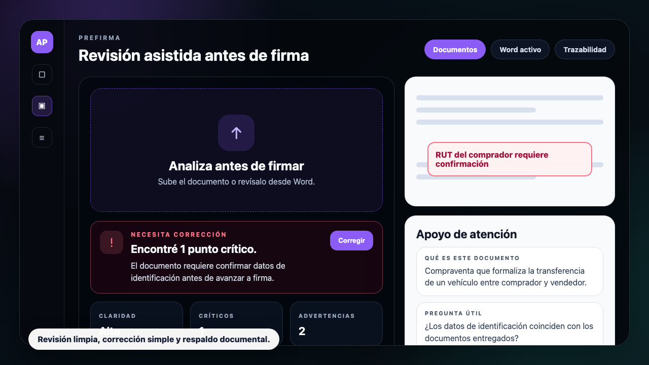 Vista del producto PreFirma con analisis documental y observaciones